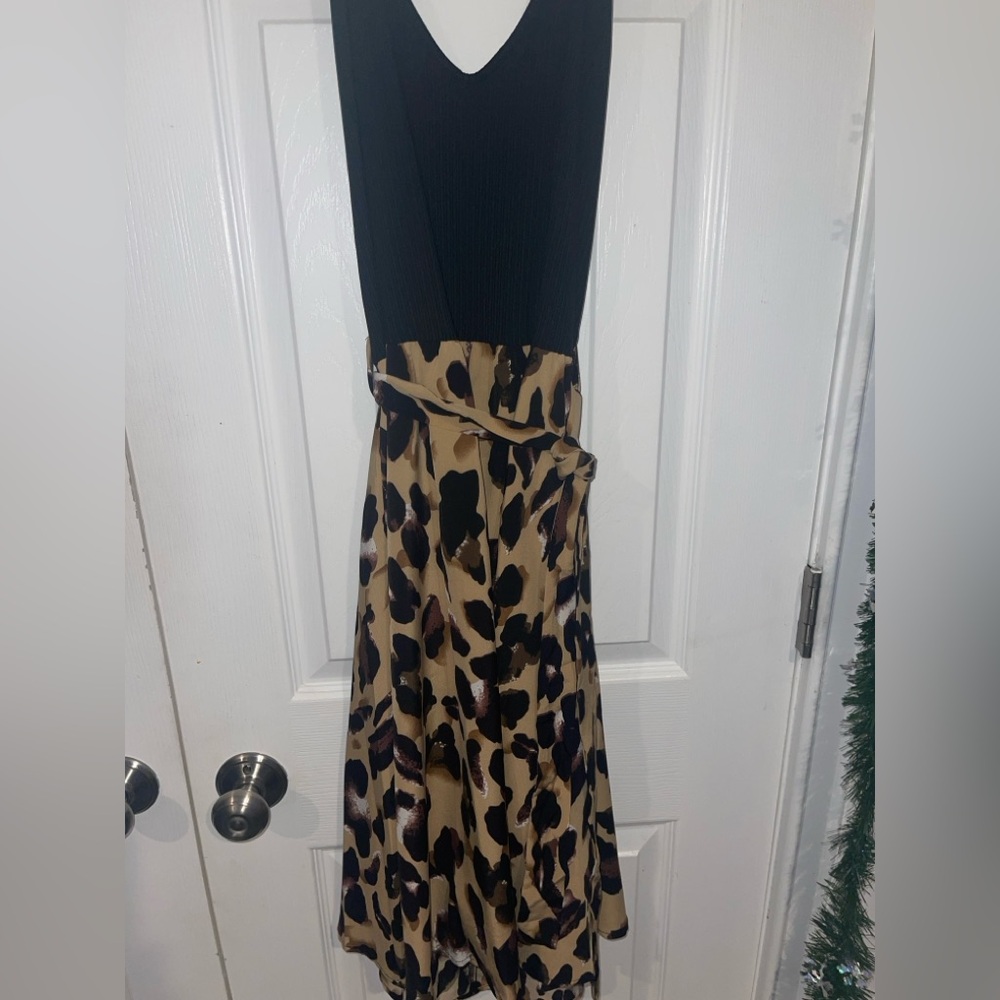 SHEIN Black and Leopard Print Backless Belted Halter Dress Sz M